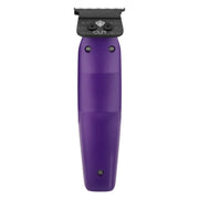 Purple hair trimmer showing a diamond-cut blade with on a white background