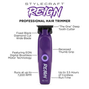 Purple hair trimmer with features labeled on a white background