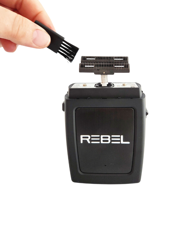 Black electronic device with 'REBEL' branding held by a hand against a white background