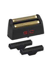 Shaver head with gold foil and black contacts on a white background