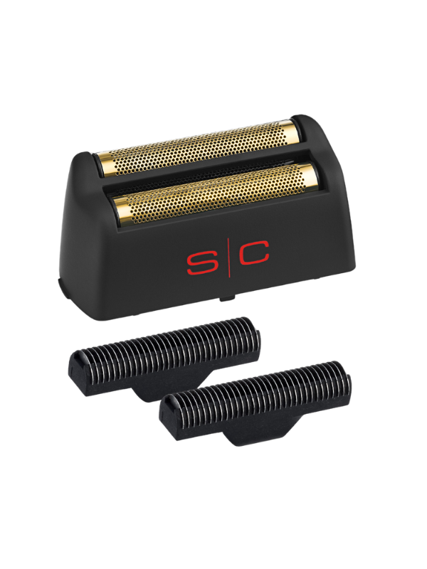 Shaver head with gold foil and black contacts on a white background