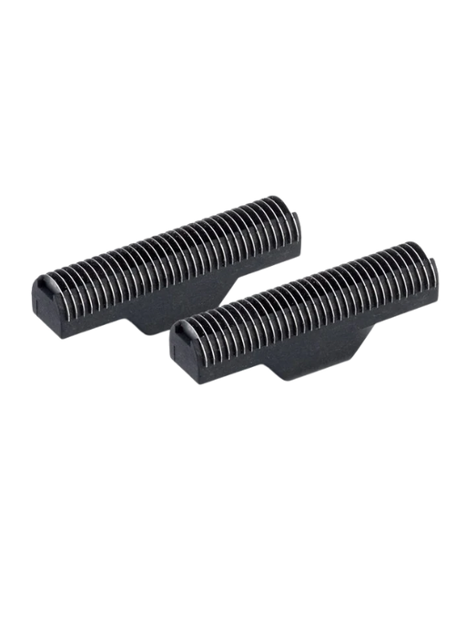 Two black plastic components on a white background