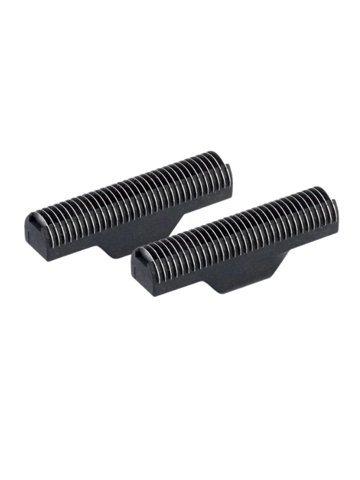 Two black plastic components on a white background