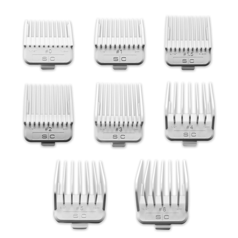 Set of hair clipper comb attachments on a white background