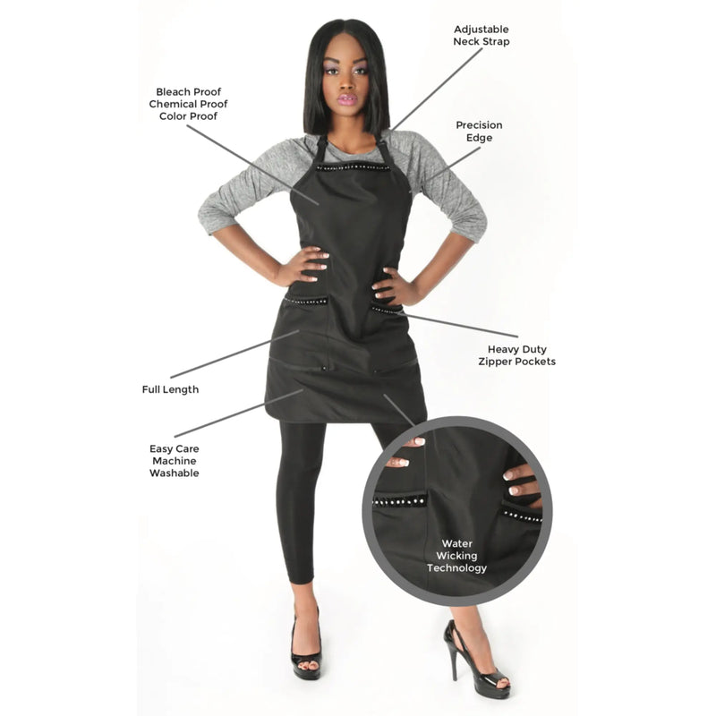 Woman wearing the styletek black bleach-proof apron with rhinestones and specfications on a white background 