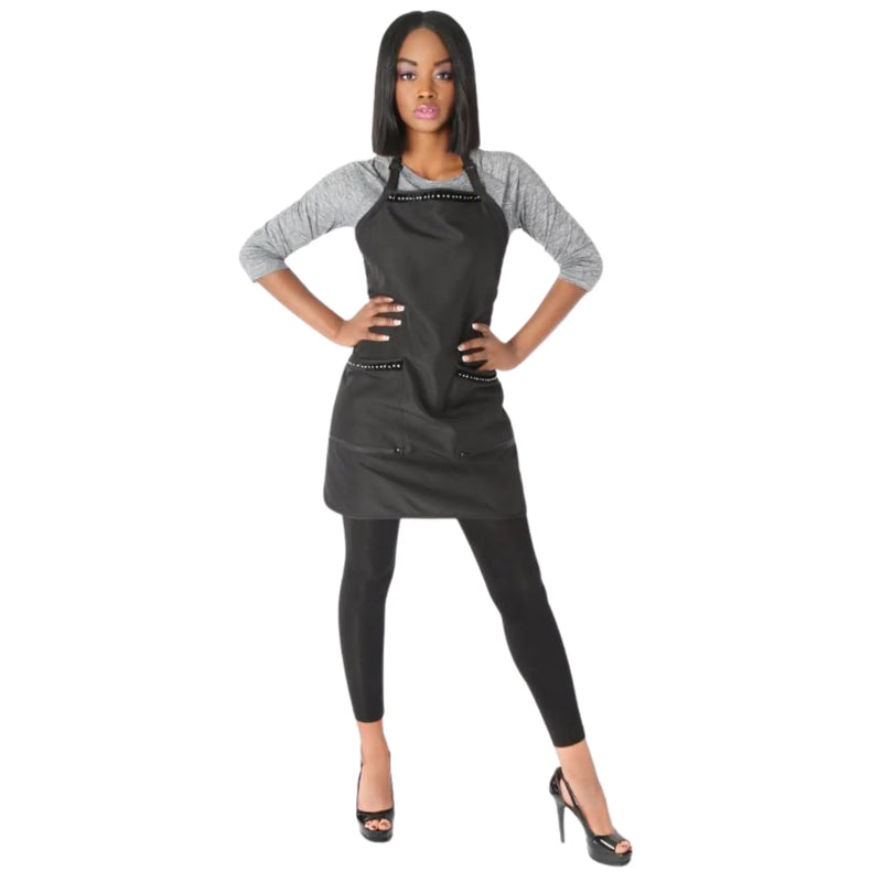Woman wearing the styletek black bleach-proof apron with rhinestones on a white background 