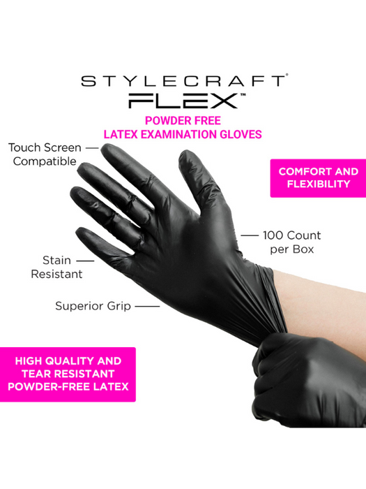 Black examination gloves with Stylecraft Flex branding and feature text on a white background