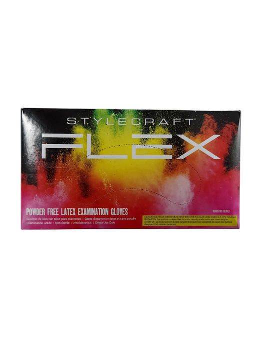 Box of Stylecraft Flex powder-free latex examination gloves with a colorful design on a white background.