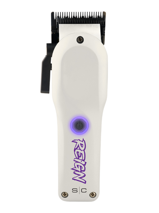 White hair clipper with purple branding on a white background