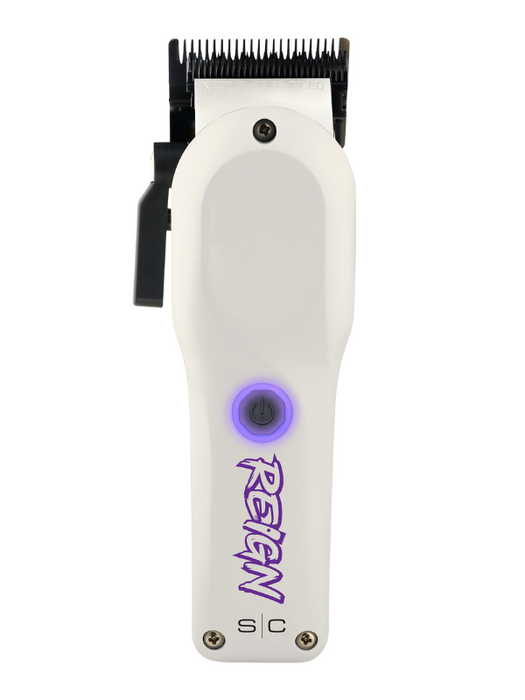 White hair clipper with purple branding on a white background