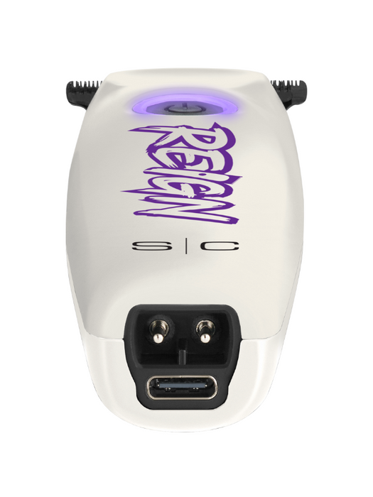 White electronic device with purple 'Reign' branding on a white background
