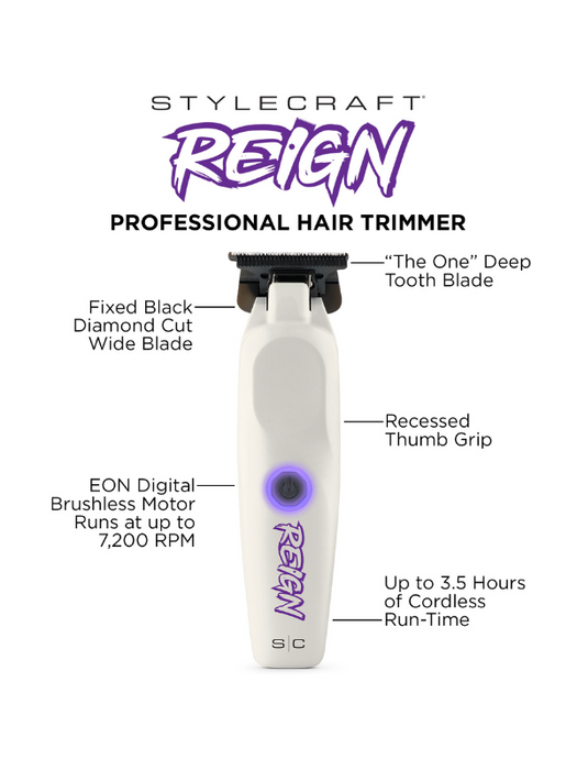 Stylecraft Reven professional hair trimmer with features highlighted on a white background