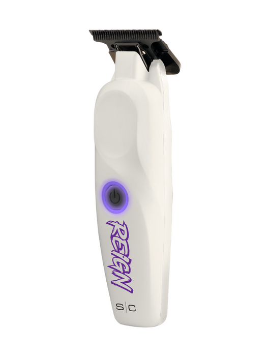 White grooming tool with purple logo on a white background