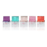 Five open hair coloring foil sheets in purple, teal, champagne, pink, and coral shades, arranged in a row on a white background.