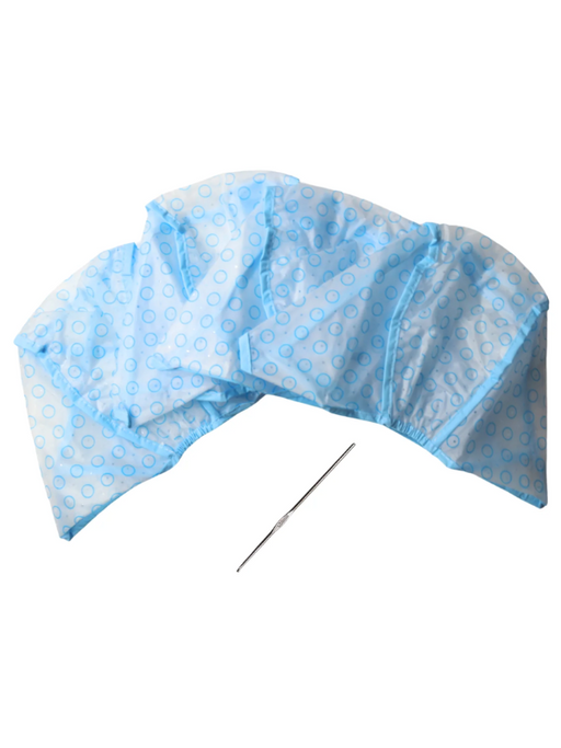 Blue polka dot shower cap on a white background