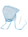 Blue polka dot bonnet with a needle on a white background