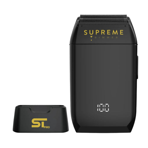 Black Supreme Trimmer with digital display on a white background