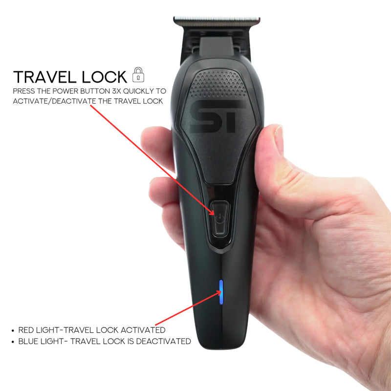 Supreme Trimmer Black hair trimmer with ST brand logo on a white background showing travel lock specifications 