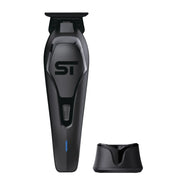 Supreme Trimmer Black hair trimmer with ST brand logo and charging base on a white background