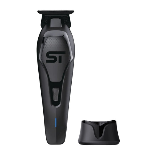 Supreme Trimmer Black hair trimmer with ST brand logo and charging base on a white background