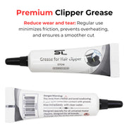 Two tubes of ST Pro Premium Clipper Grease on a white background with text about its benefits.