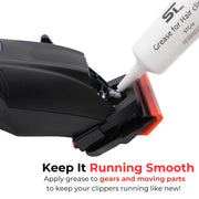 Hair clipper with a tube of grease labeled 'ST' on a white background