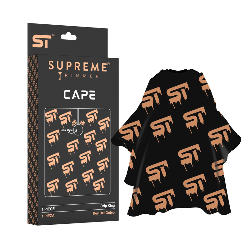 Black cape with orange ST logo and packaging labeled 'Supreme Trimmer' on a white background