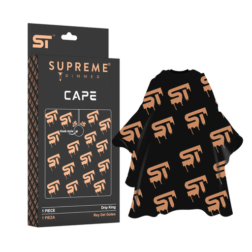 Black cape with orange ST logo and packaging labeled 'Supreme Trimmer' on a white background