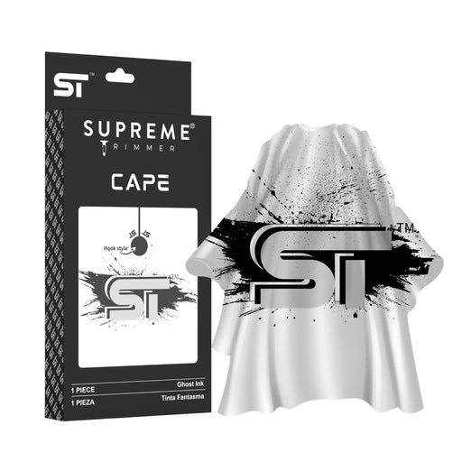 White Supreme Trimmer cape with packaging on a white background
