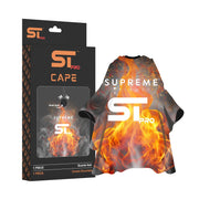 Hair cutting cape with flame design and ST Pro branding next to its packaging.