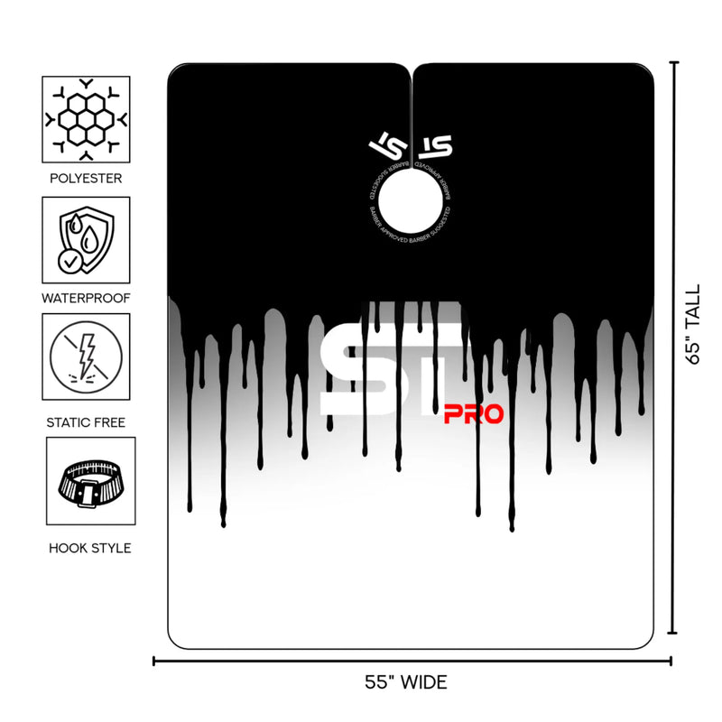 Supreme Trimmer Black and white cutting cape with ST Pro branding and specifications