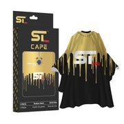 Supreme Trimmer Black and gold barber cape with ST Pro branding next to its packaging