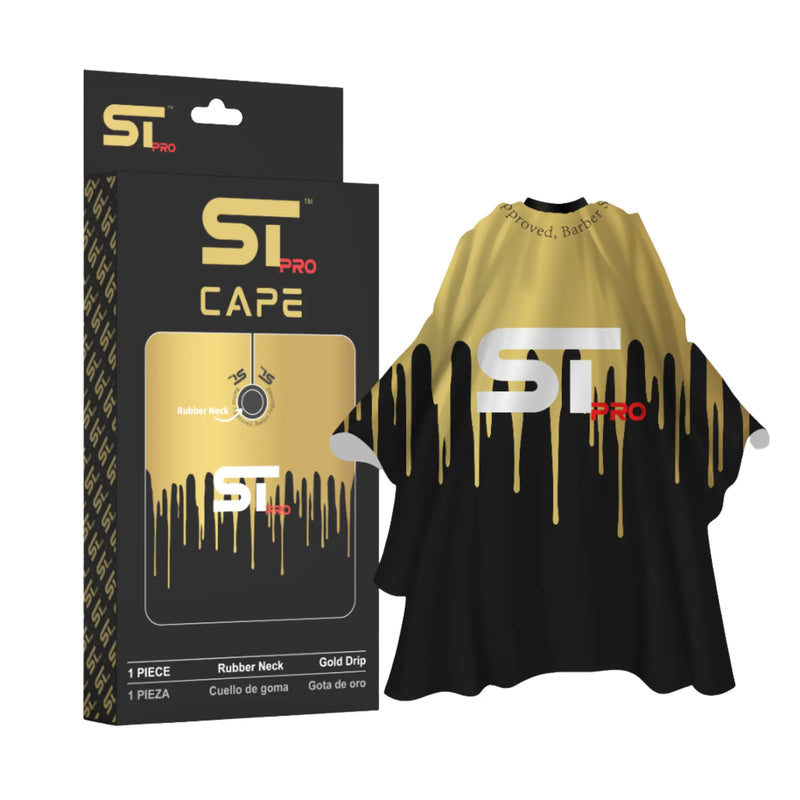 Supreme Trimmer Black and gold barber cape with ST Pro branding next to its packaging
