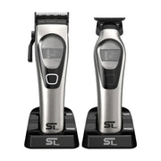 Two ST-PRO hair trimmers on black stands against a white background