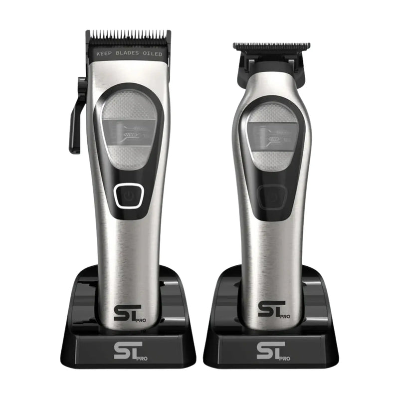 Two ST-PRO hair trimmers on black stands against a white background