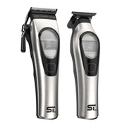 Two silver hair trimmers with black accents on a white background
