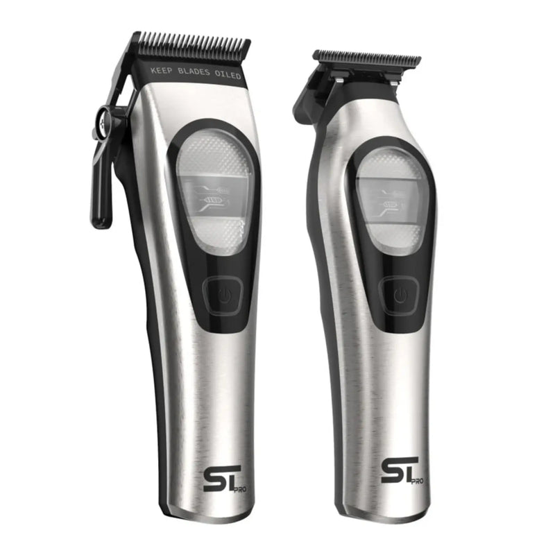 Two silver hair trimmers with black accents on a white background