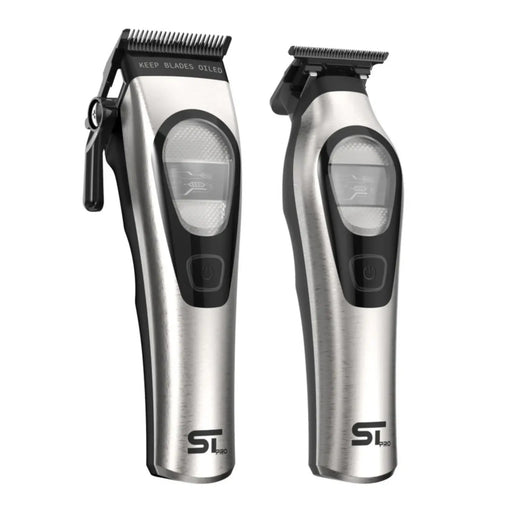Two silver hair trimmers with black accents on a white background