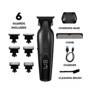 Black grooming kit with 6 guards, charging base, comb, charger, and cleaning brush on a white background.
