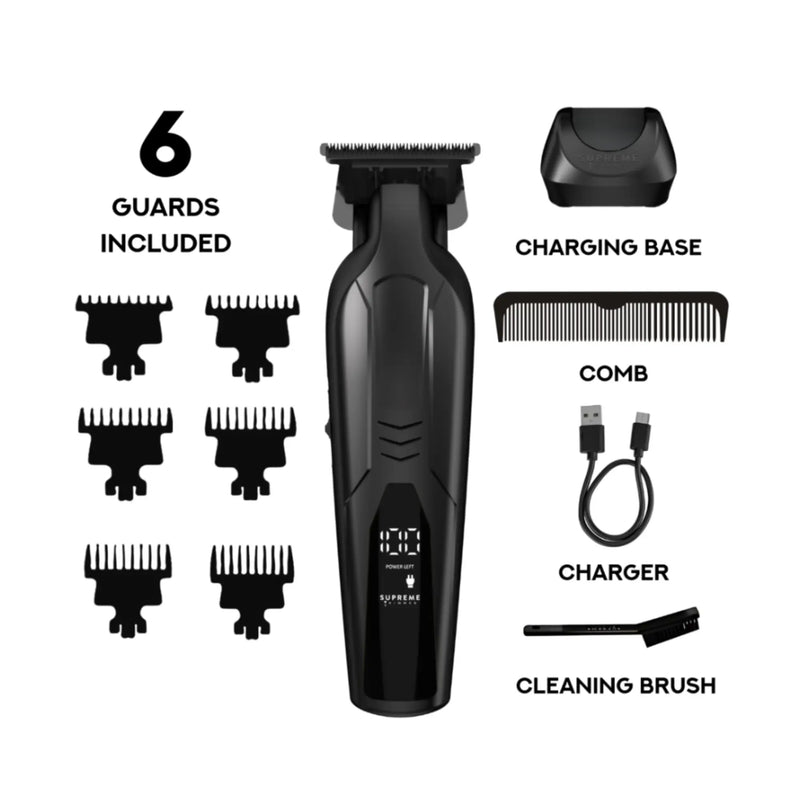 Black grooming kit with 6 guards, charging base, comb, charger, and cleaning brush on a white background.