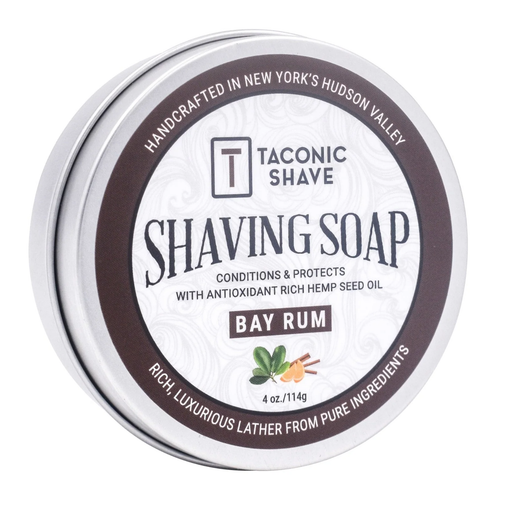 Taconic Shave bay rum shaving soap container on a white background