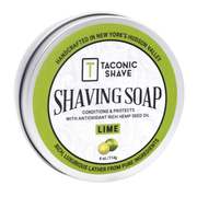 Taconic Shave lime shaving soap tin on a white background