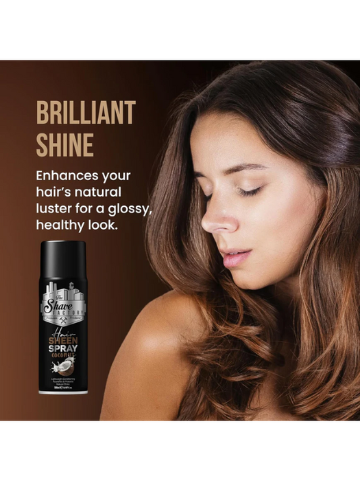 Woman with styled hair and a hair spray product on a brown background with text about 'Brilliant Shine'.