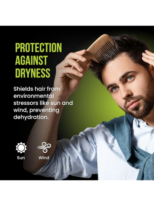 Man combing his hair with text about protection against dryness on a green background