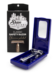 Safety razor in a blue case with 'The Shave Factory' packaging.