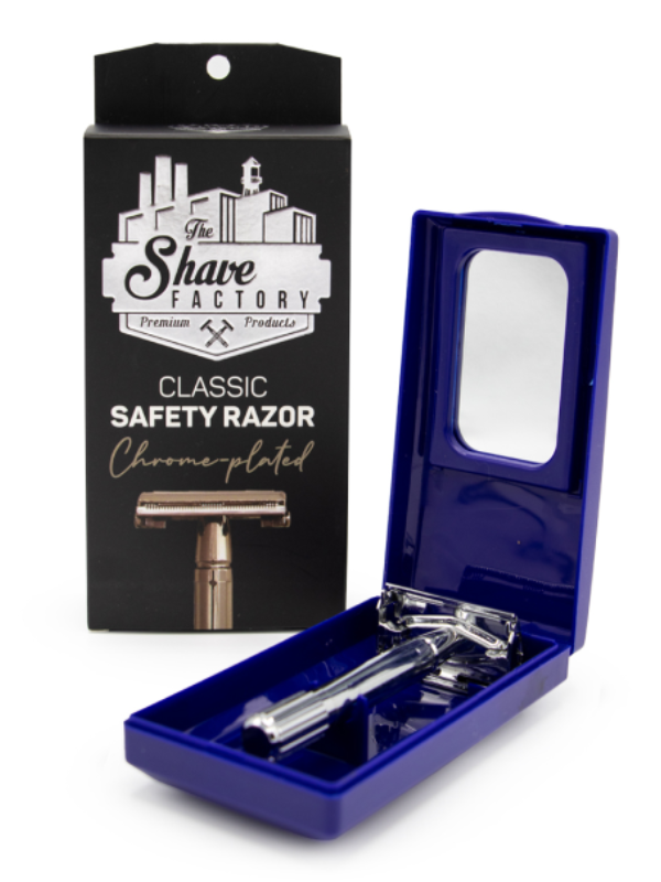 Safety razor in a blue case with 'The Shave Factory' packaging.