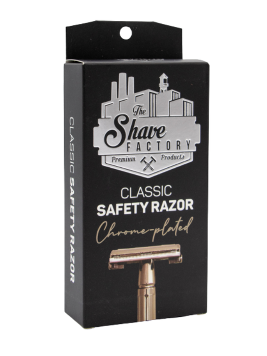 Box of The Shave Factory Classic Safety Razor with a black background