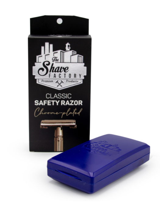 Blue safety razor with 'The Shave Factory' packaging on a white background