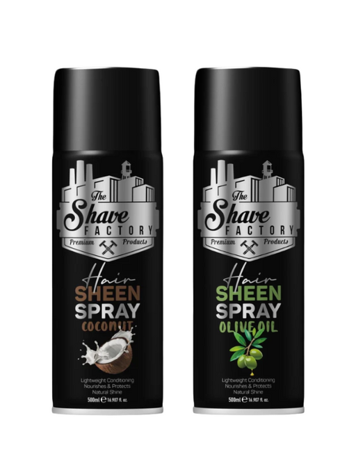 Two cans of The Shave Factory Hair Sheen Spray on a white background