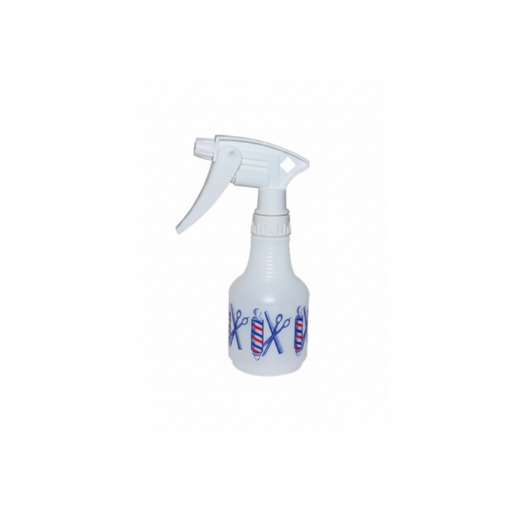 White spray bottle with barber-themed design on a white background
